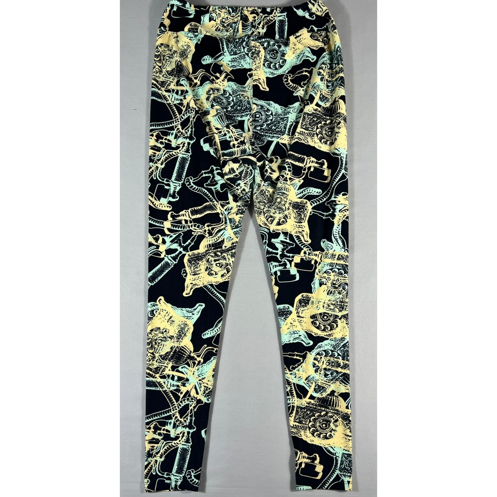 LuLaRoe Tall Curvy Leggings Black Yellow Mint Vintage Rotary Telephone Print TC - Picture 6 of 9